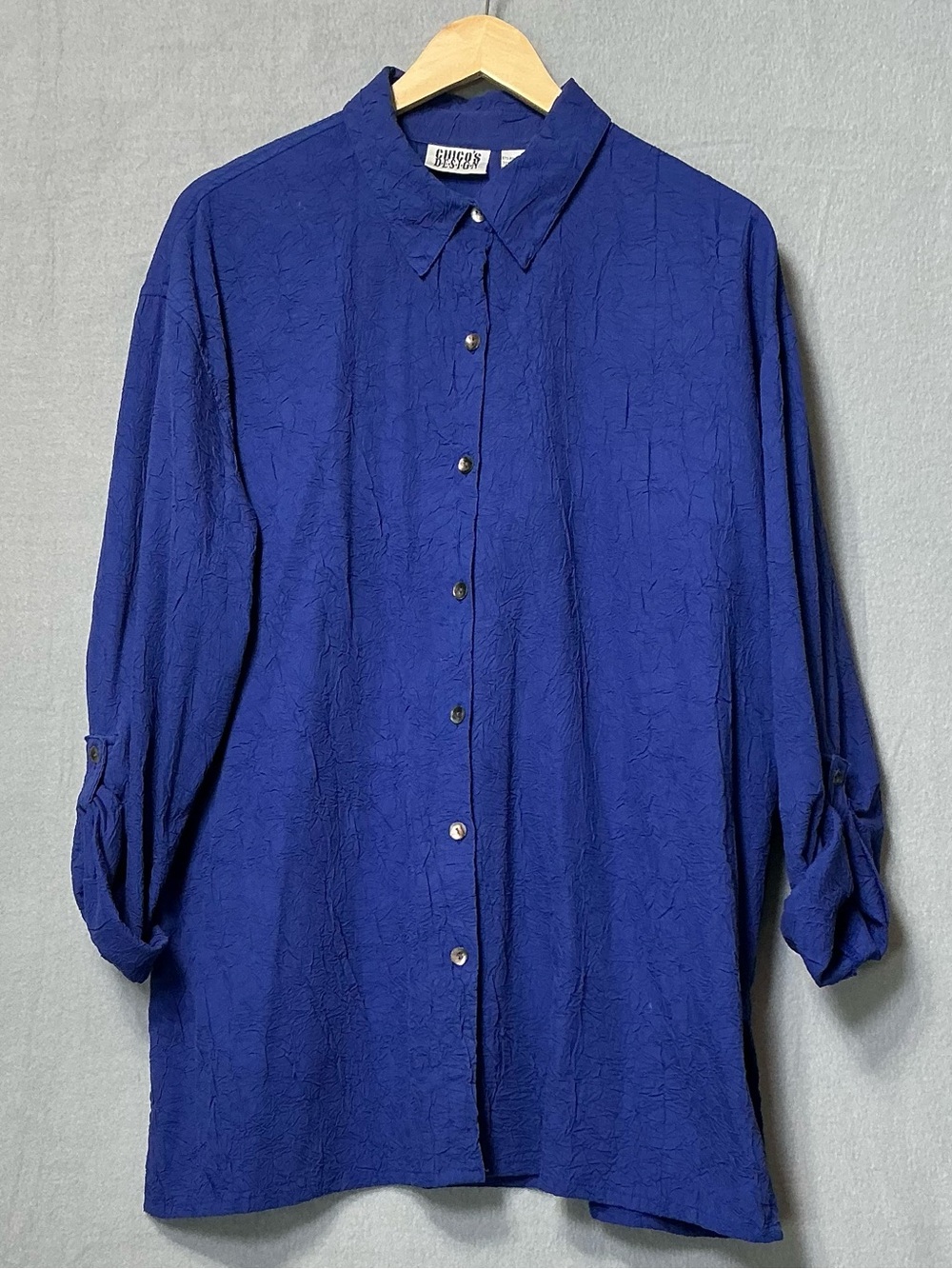Chico’s Design Blue Crinkle Tunic Shirt Size 2 Roll Tab Likely Vintage